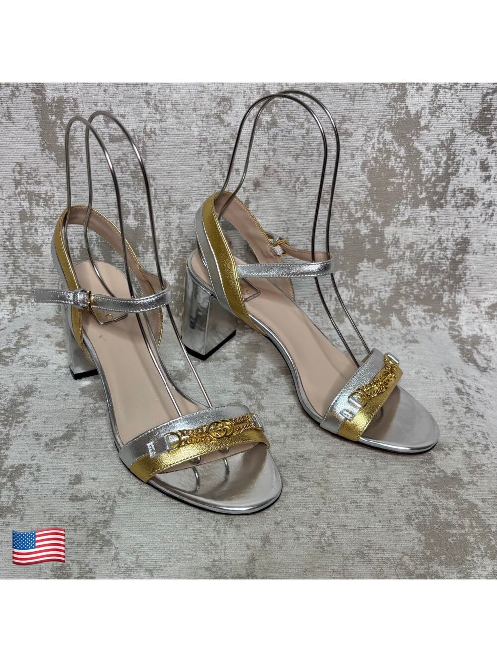 Gucci Ava Metallic Nappa Leather Chain Heel Sandal in Silver/Gold